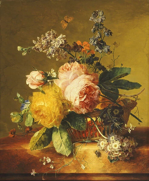 Roses and other Flowers in a Basket on a Marble Ledge, c. 1742 (oil on panel)