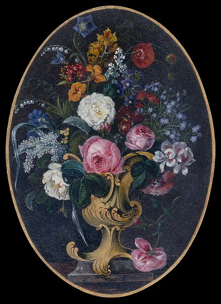 Roses, Lavender, Poppies and Flowers in a Rococo Pot (gouache)