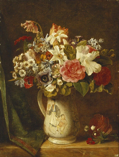 Roses, Narcissi and Other Flowers in a Vase, (oil on canvas)