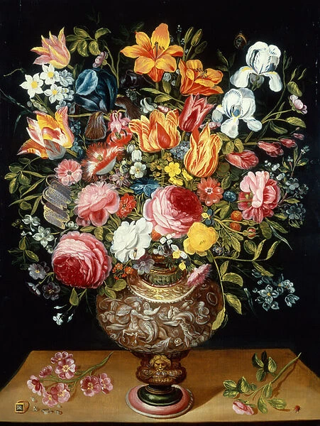 Roses, Tulips, Narcissi, Irises and other Flowers in a Sculpted Urn and a Ladybird on a Ledge (oil on canvas)