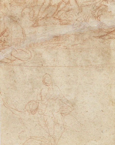 Two rough sketches, a crouching woman with a standing figure beside her