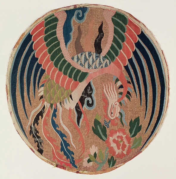 Roundel with feng-huang and tree peony (tapestry, silk & wrapped gold)