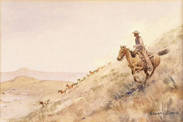 Rounding Up Horses, (watercolour on paper)