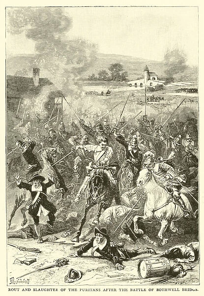 Rout and slaughter of the Puritans after the Battle of Bothwell Bridge (engraving)