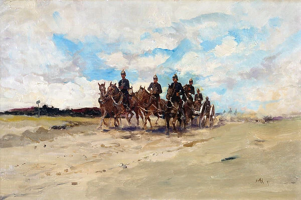Royal Artillery, a field gun team on the march, 1897 (oil on canvas)