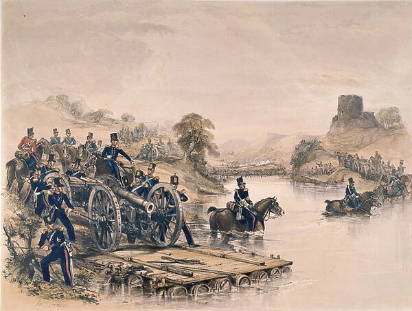 Royal Artillery, river crossing, 1854 circa (coloured lithograph)
