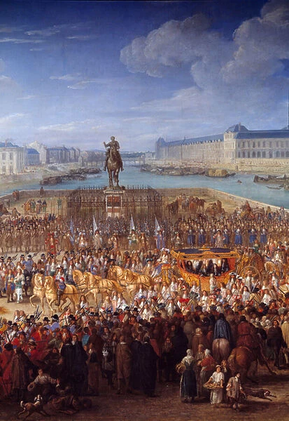 Royal carriage. Central detail of Louis XIV (1638-1715) crossing the Pont Neuf in his