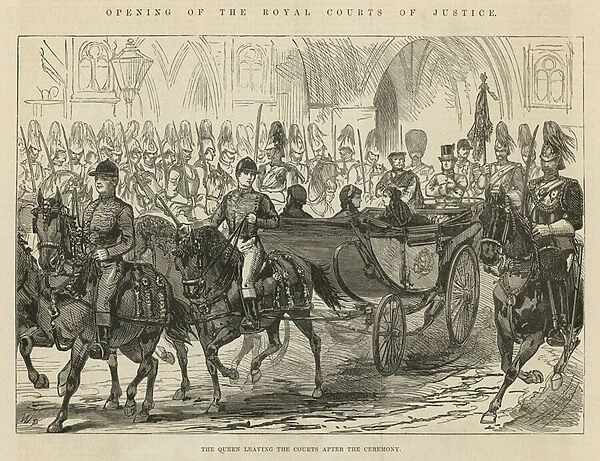 The Royal Courts of Justice: The Queen leaving the Courts after the ceremony (engraving)