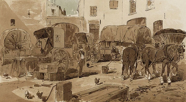 Royal Dutch Mail coach, cabriolet, wine wagon and coal wagon, 19th Century (litho)