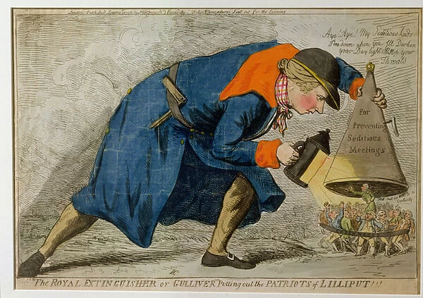 The Royal Extinguisher, or Gulliver Putting Out the Patriots of Lilliput, published by S