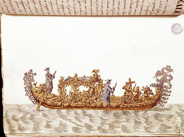 A royal gondola - Watercolour drawing and ink from the manuscript '