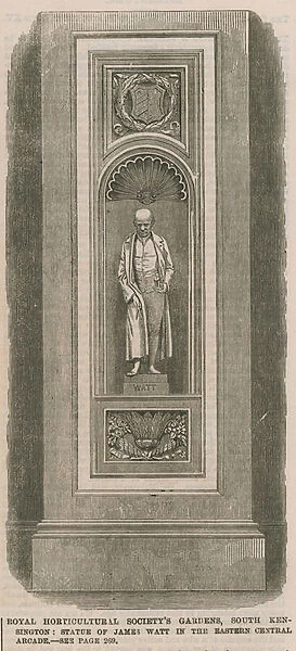 Royal Horticultural Societys gardens, South Kensington: statue of James Watt in the eastern central arcade (engraving)