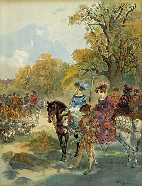 Royal Hunt of Francois I (1494-1547). Illustration, 1909, by Albert de Robida (1848-1926)