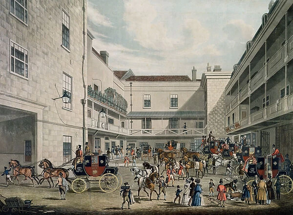 Royal Mail Coaches leaving The Swan with Two Necks Inn, Lad Lane, engraved by F