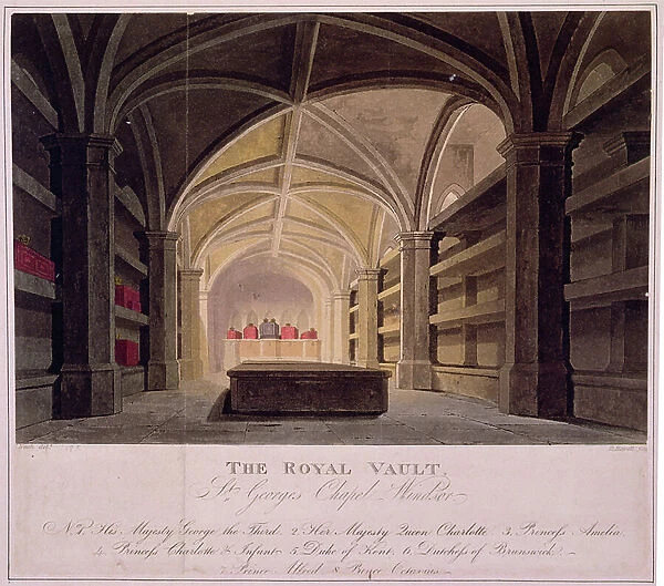 The Royal Vault, St. George's Chapel, Windsor, engraved by Daniel Havell (1785-1826) (colour litho)