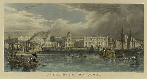 Royal visit to Greenwich Hospital (England), with a sailing ship, a steamboat, passenger barges, rowboats on the Thames