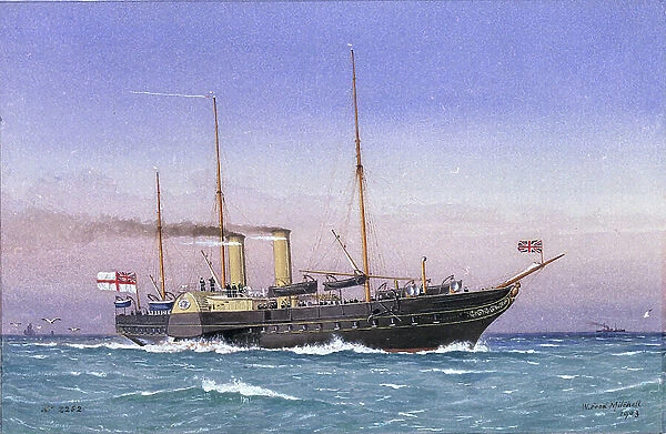 The royal yacht Osborne (1870), full steam and sails folded, at sea. Watercolor, 1903, by William Frederick Mitchell (1845-1914)