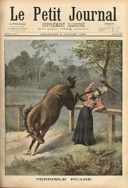 The ruad of a mare seriously injures a young walker in the chest. Engraving in 'Le petit journal'3  /  7  /  1898. Selva Collection
