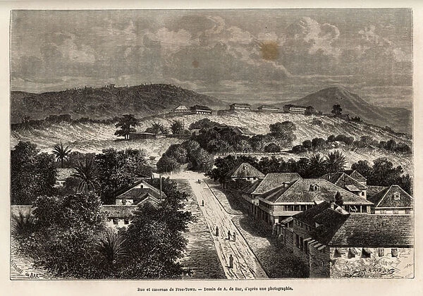 Rue et barracks de Freetown, Sierra Leone, engraving after the drawing of A