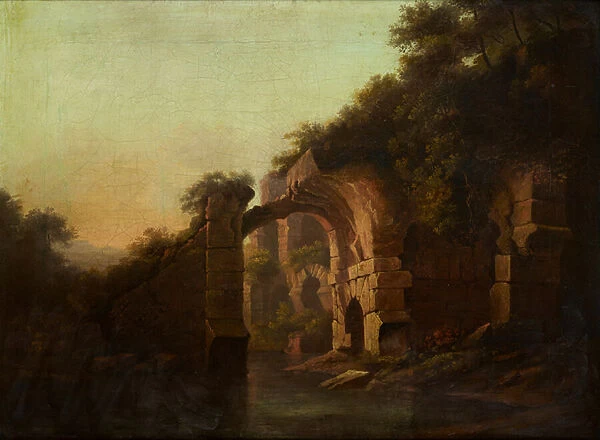 A Ruined Bridge Over a River, Italy (oil on canvas)