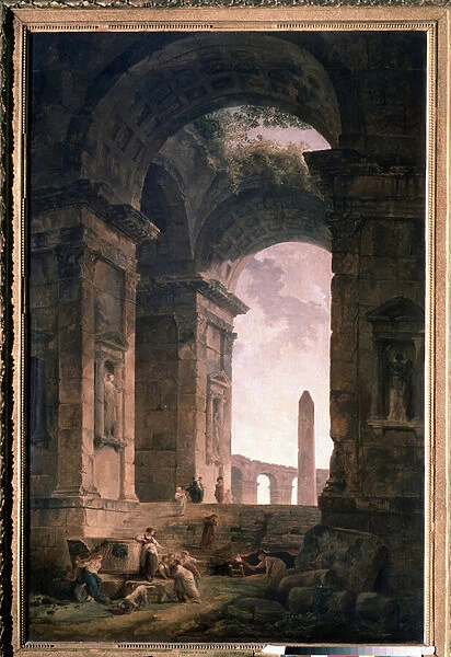 Ruines avec un obelisque. Peinture de Hubert Robert (1733-1808), huile sur toile, 1775, art francais. State A. Pushkin Museum of Fine Arts, Moscou