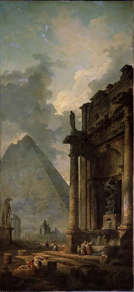 Ruines avec pyramide. Peinture de Hubert Robert (1733-1808), huile sur toile, 1779, art francais. State Museum Arkhangelskoye Estate, Moscou