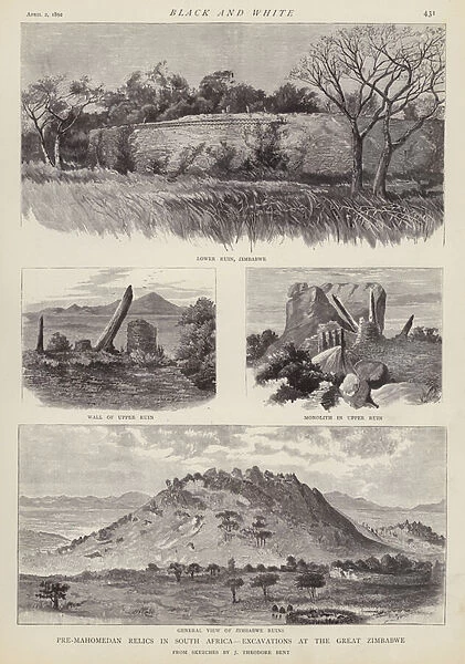 Ruins of Great Zimbabwe, site of archaeological excavations by James Theodore Bent (litho)