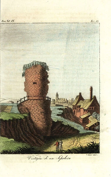 Ruins of the mausoleum to Drusus near Mainz, Germany (handcoloured copperplate engraving)