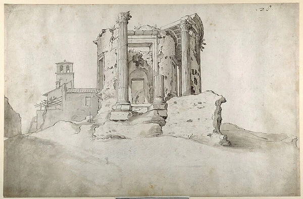 Ruins of the Temple of the Tiburtine Sibyl at Tivoli (pen & brown ink with grey brown