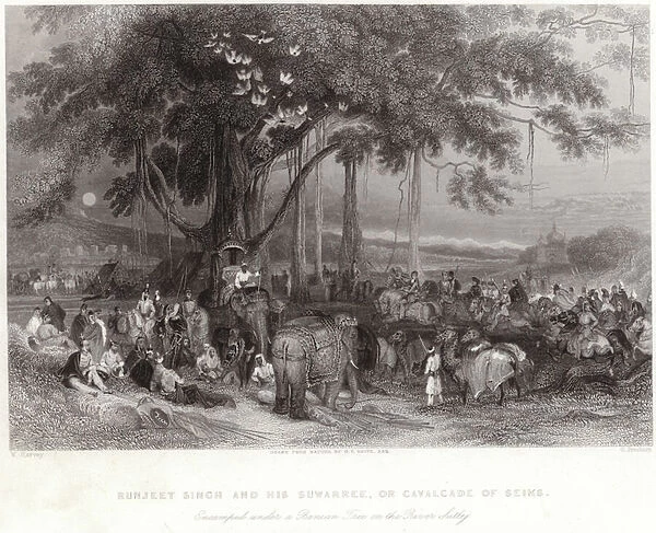 Runjeet Singh and his suwarree encamped under the banian tree on the River Sulley (engraving)