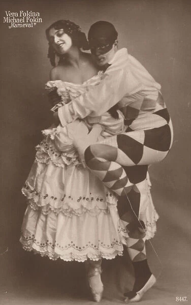 Russian ballet dancers Vera Fokina and Michel Fokine in Carnaval, c1910 (b  /  w photo)