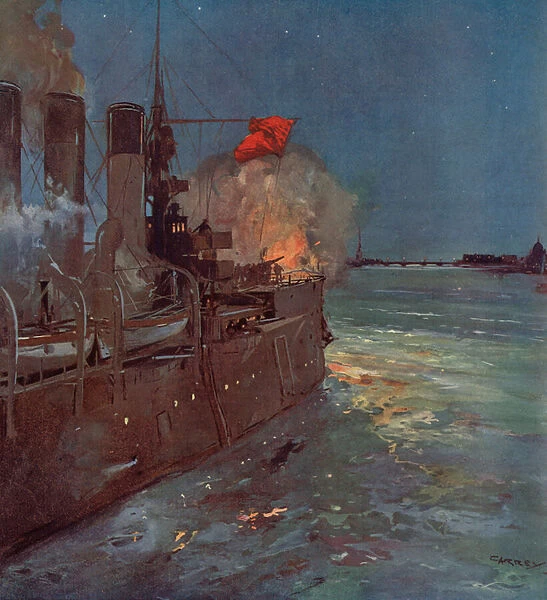 The Russian cruiser Aurora firing the shot signalling the storming of the Winter Palace in Petrograd, Russian Revolution, 25 October 1917 (colour litho)