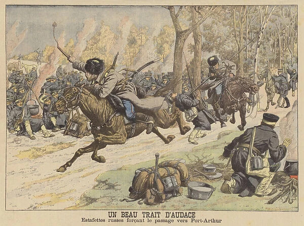 Russian dispatch riders forcing their passage on the road to Port Arthur, Manchuria (colour litho)