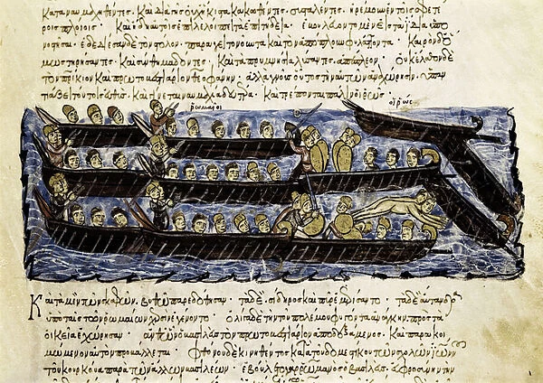 A Russian fleet, miniature from 'Synopsis historiarum', c. 1126-1150, 12th century (illuminated manuscript)