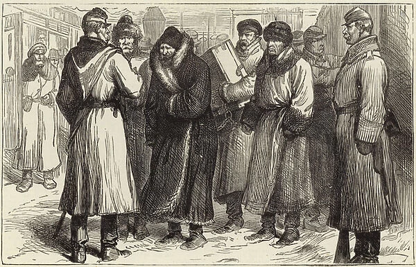 Russian political prisoners at a railway stations (engraving)