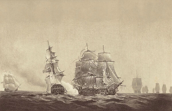 Russian ship Vsevolod striking her colours to HMS Implacable, attached to the Swedish Navy and commanded by Captain Thomas Byam Martin, in the Baltic, 26 August 1808 (litho)