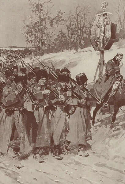 Russian soldiers marching past a roadside shrine in Galicia, World War I (litho)