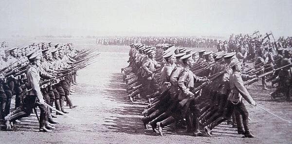 Russian troops parade in August 1914 before marching against Austro-German armies in WWI