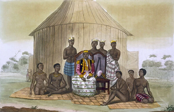 Saba, or ruler, with nobles and his wife, West Africa, c.1820s-30s (colour litho)