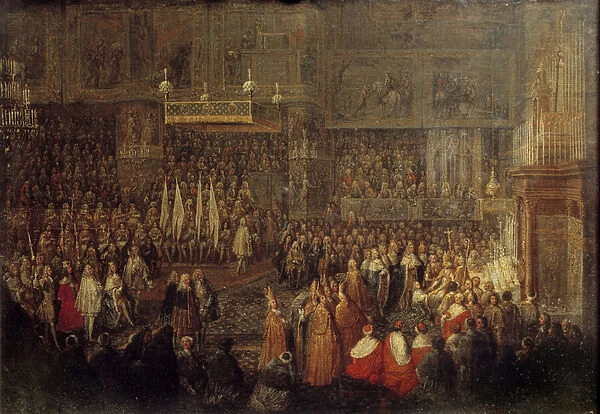 Sacre of Louis XV (1710-1774) in the Cathedrale of Reims on 25  /  10  /  1722 Painting by Jean