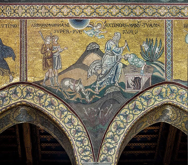 Sacrifice of Isaac (Stop, Abraham), Byzantine mosaic, Old Testament cycle-Abraham, XII-XIII century (mosaic)