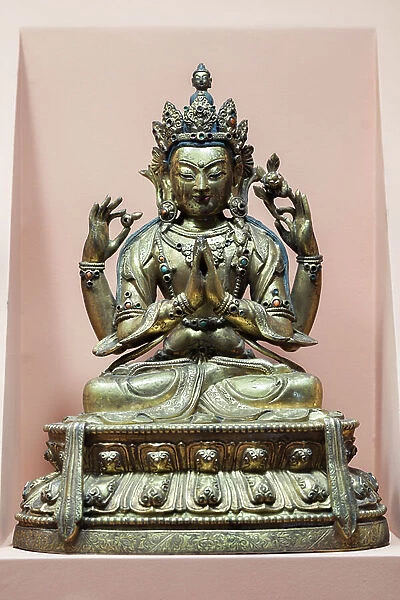 Sadakshari Lokeshvara, Tibet (bronze, gilt, paint and semiprecious stones)