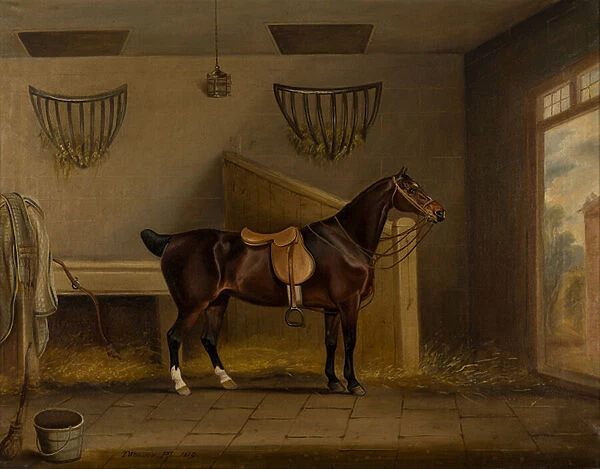 A saddled Bay Hunter in a stable, c. 1819 (oil on canvas)