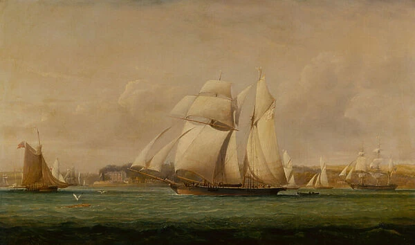 A Top Sail Schooner, Two Royal Yacht Squadron Cutters and an American Merchant Ship (oil)