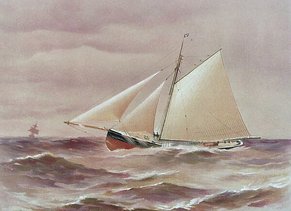 The sailboat Vanduara (1880), at sea. Chromolithography, late 19th century, by Henry Shields (?)