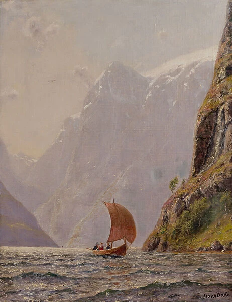 Sailing in a Fjord (oil on canvas)
