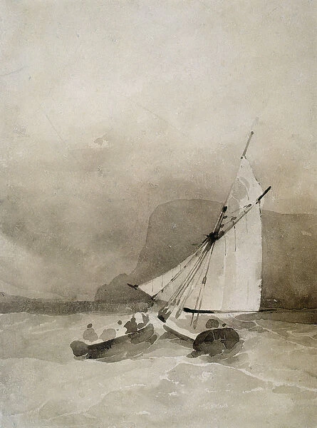 A Sailing-vessel and a Rowing-boat in rough seas off Beachy Head, Sussex (w  /  c on paper)