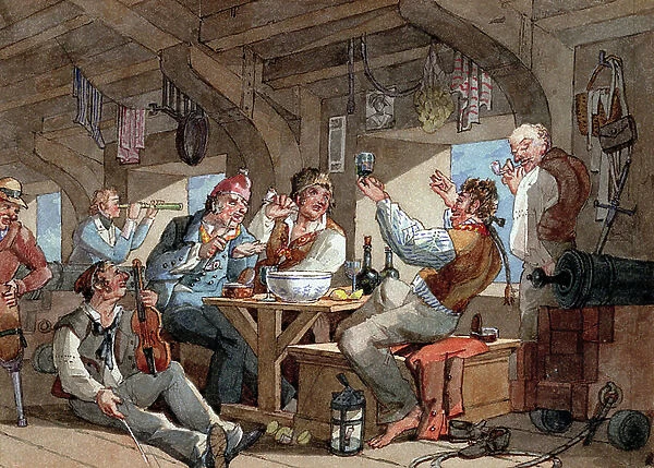 Sailors drinking on board the lower deck of their ship, scene with violin player and pipe smoker, linen lying on a rope, and onboard equipment (sword, gun, cannon, lamp)
