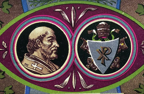 Saint Anaclete or Clement or Anenclet (in Italian San Cleto or Anacleto I), Pope elected in 78 died martyr in 88. Pious image. Detail of a chromolithography, Rome, October 1903