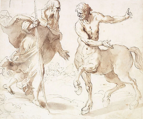 Saint Anthony Abbot Asking the Centaur the Way, (black chalk, pen and brown ink
